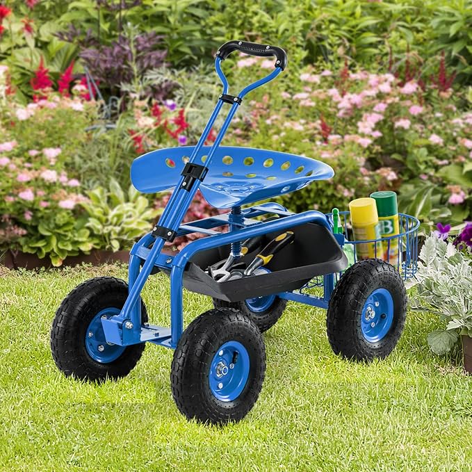 Goplus Rolling Garden Cart with Seat Outdoor Garden Stool with Wheels Tool Tray &amp Basket Adjustable Steering Handle 360 Degree Swivel Seat for Planting Gardening Scooter for Lawn Yard Patio