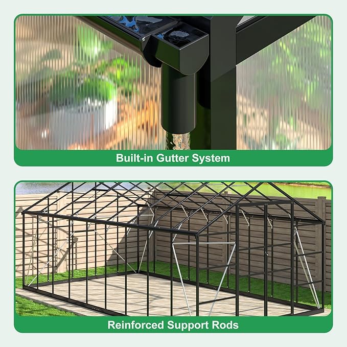 WKM 10x18 FT Greenhouse for Outdoors Walk-in Polycarbonate Greenhouse with Quick Setup Structure and Roof Vent Heavy Duty Green House for Outside Garden Backyard Black