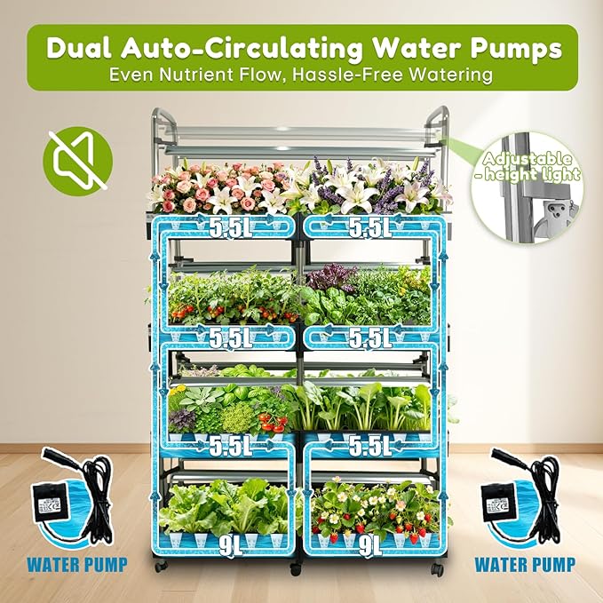 Large 4-Tier Hydroponics Growing System Kit 160 Pods Vertical Hydroponic Garden with Full-Spectrum LED Grow Light Dual Auto Circulating Water Pumps 51L Indoor System for Herbs&amp Microgreens