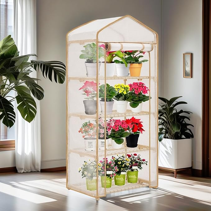 4-Tier Mini Greenhouse – Indoor or Outdoor Gardening Hot House with PE Zippered Cover and Metal Shelves for Growing Vegetables Flowers and Seedlings 63'' H x 27'' L x 19'' W (PLGH704OWW)