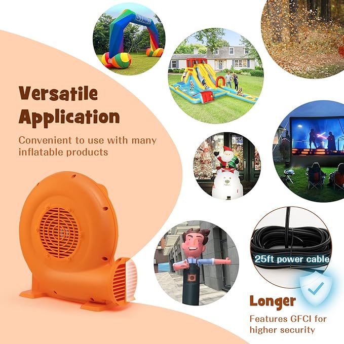 Costzon Air Blower 0.7HP Blower for Bounce House with 25FT SJTW Wire &amp Stakes GFCI Plug ETL 550W Perfect for Inflatable Bouncer Blower Orange IPX4 Air Blower for Inflatables