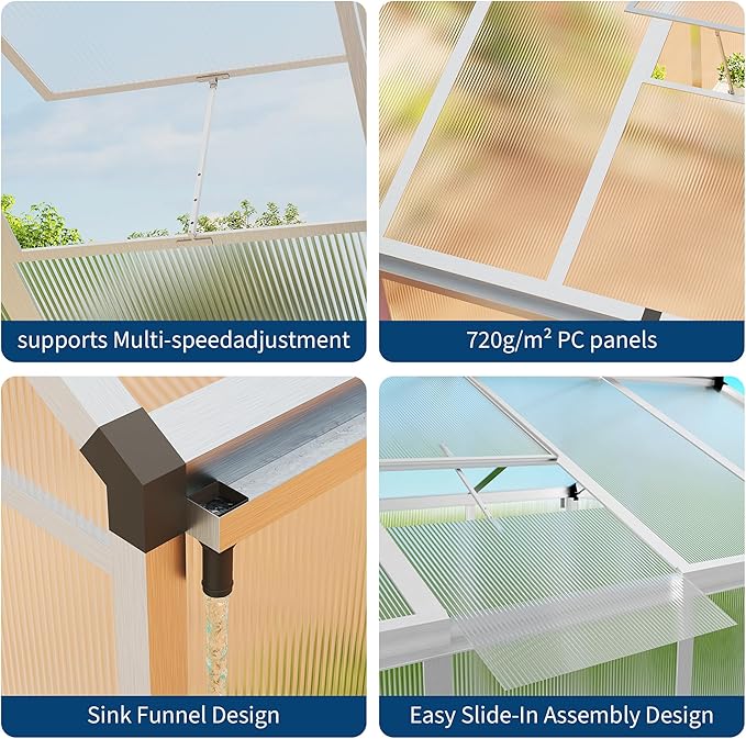 8X10FT Outdoor Greenhouse Aluminum Polycarbonate House Green Houses for Outside with Sliding Doors Ajustable Roof Vent Withstands Bad Weather for Garden or Backyard Silver