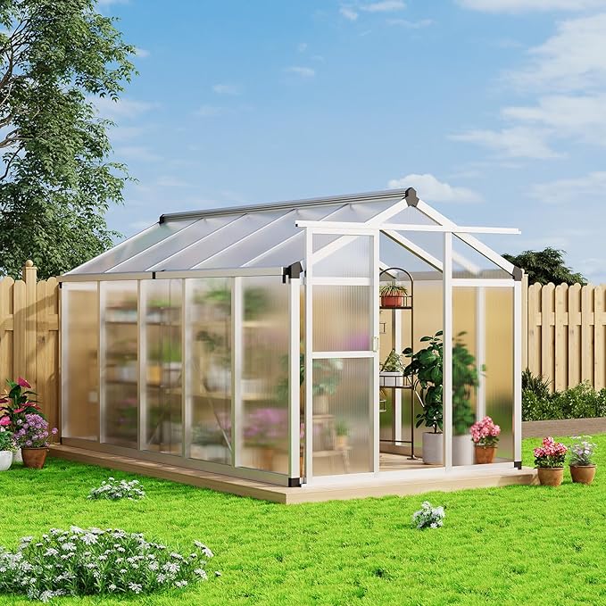 6x10 FT Greenhouse - Large Aluminum Greenhouses for Outdoors Heavy Duty Polycarbonate Greenhouse with Roof Vent&ampGround Nails Walk-in Green Houses for Garden Backyard Patio Easy Assembly