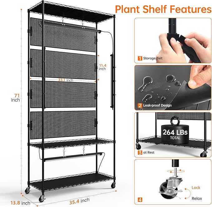 Bstrip Plant Cabinet with Pegboard 3 Tier Plant Shelf with Grow Light Metal Plant Stand with 4 Pack 96W Grow Lights for Indoor Plant Foliage Plants Seed Starting 35.4x13.8x71