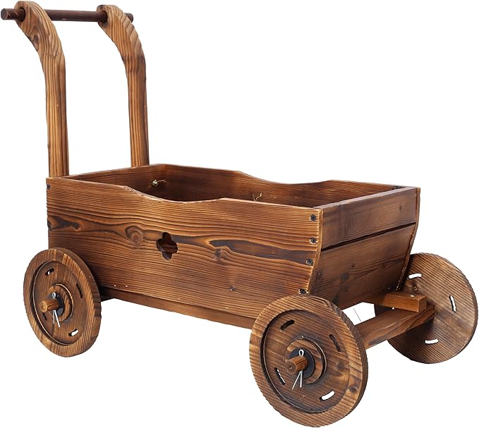 Wooden Wagon Planter Box Mobile Garden Planter with 4 Wheels Handle Drain Hole Decorative Flower Planter for Indoor Outdoor Decor Wooden Flower Cart for Patio Garden Balcony Brown