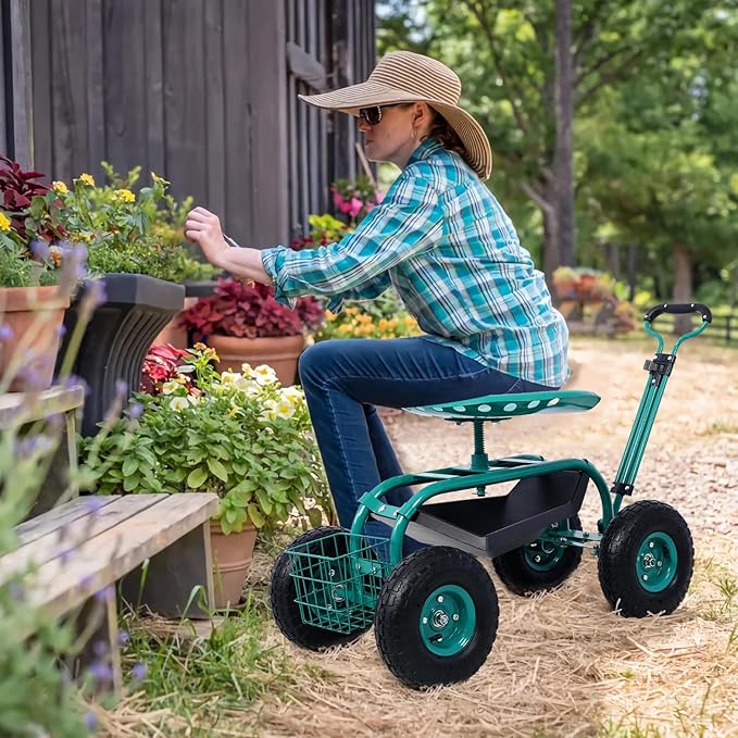 Donext Garden Cart Outdoor Rolling Garden with Wheels 360 Degree Swivel Seat Wagon Scooter with Steering Handle &amp Utility Tool Tray Red