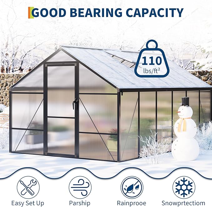 8X12 FT Greenhouse for Outdoors Large Walk-in Polycarbonate Greenhouse Kit Aluminum Frame Lockable Door Roof Vent Ground Spikes for Garden Patio Backyard Outdoor Plant Growth