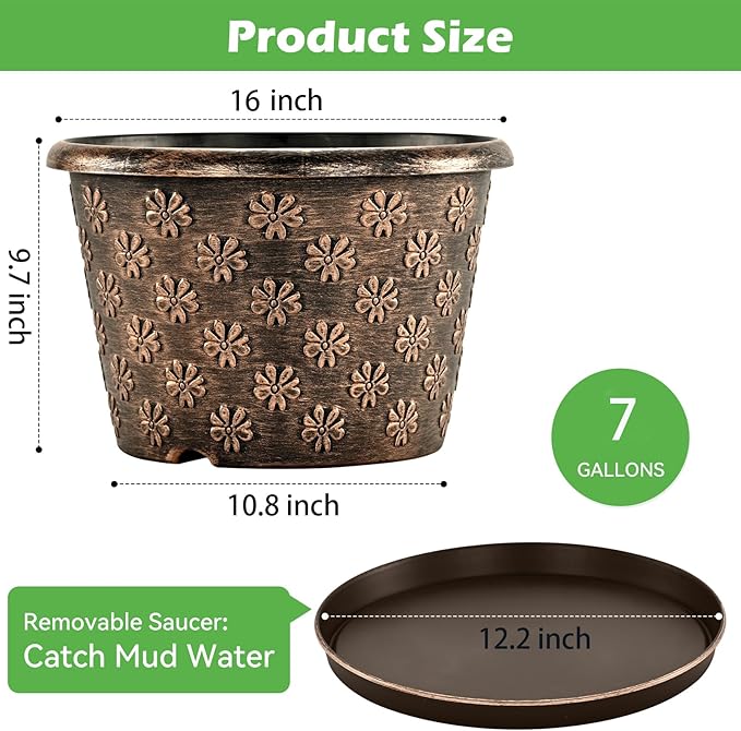 16 Inch Planter Pots for Plants Plastic Large Flower Pots Indoor Outdoor 4 Pack Resin Plant Pot with Drainage &amp Saucer Retro Decorative Garden Pot with Removable Trays for House