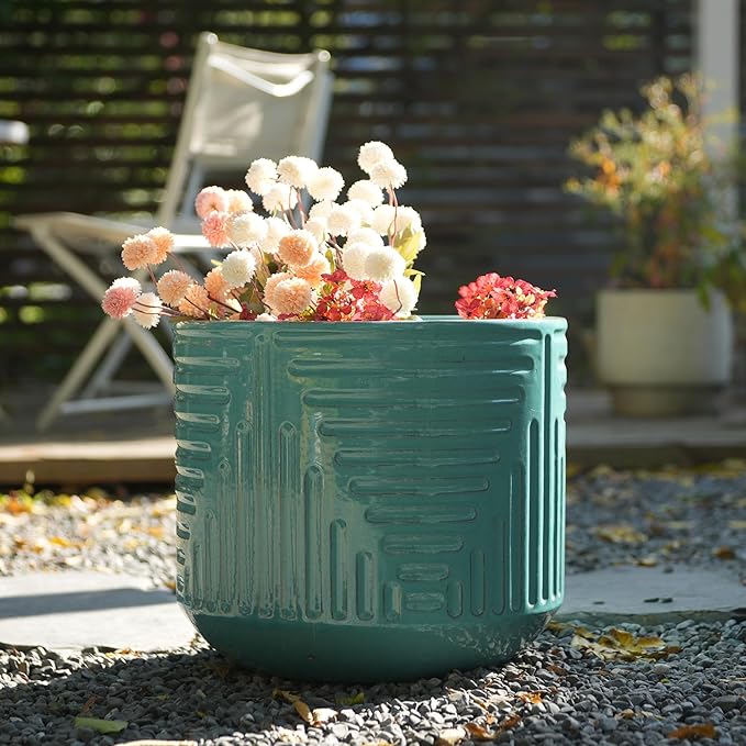 Handmade Ceramic Planter 16 Inch Diameter Teal Green with Textured Groove Pattern for Monstera and Fiddle Leaf Fig IndoorOutdoor Doorway Use Breathable Clay