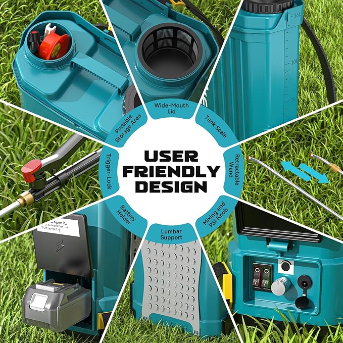 Battery Backpack Sprayer Compatible with Makita 18V Battery (Tool Only) 4.2 Gallon with Auto Mixer 0–100PSI Adj Leak-Proof Metal Telescopic Wand 42 6 Nozzles Ergonomic Strap–Lawn Garden Sprayer