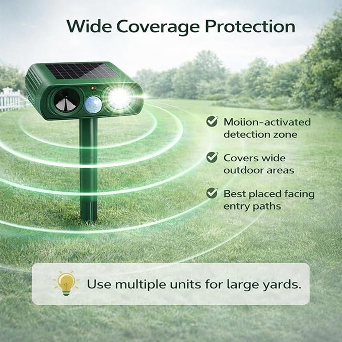 Solar Powered Animal Repellent Motion Sensor for Gardens - Ultrasonic Outdoor Animal Repeller with Adjustable Frequency &amp Waterproof Design - Deer Repellent Devices Protect Yard from Damage