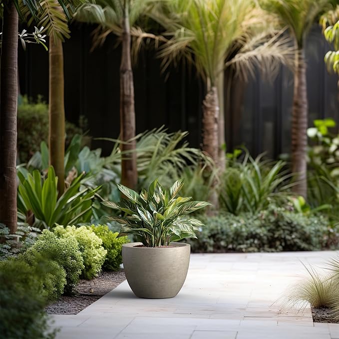 Kante 14.2 Inch Round Concrete Planter - Classic Large Indoor/Outdoor Plant Pot with Drainage Hole and Rubber Plug Suitable for Gardens and Patios Weathered Concrete