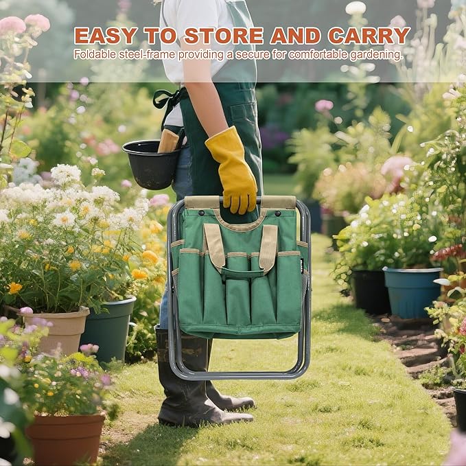 MDSTOP Folding Gardening Stool with Detachable Storage Tote Bag Gardening Tools Set Organizer for Fishing Outdoor Sports Hiking Camping Garden Gardening Gifts for Mom/Dad and Gardeners (Polyester)