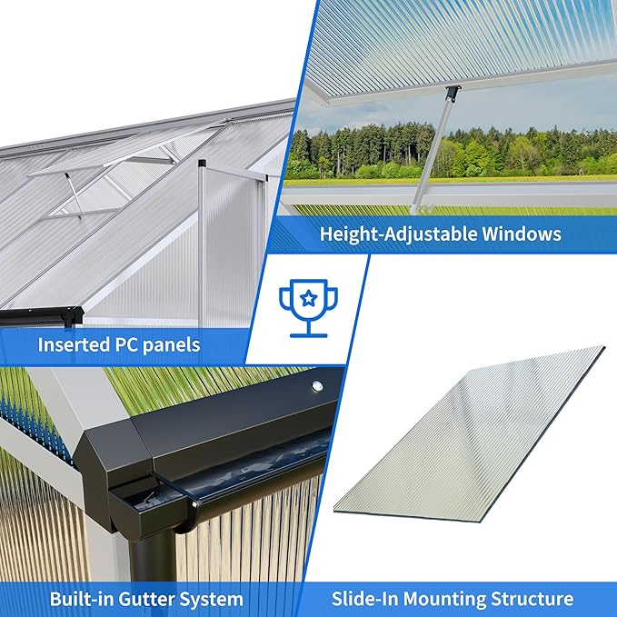 WKM Greenhouse for Outdoors - 8x14 FT Quick-fit Structure with Window for Ventilation Polycarbonate Aluminum Frame Silver