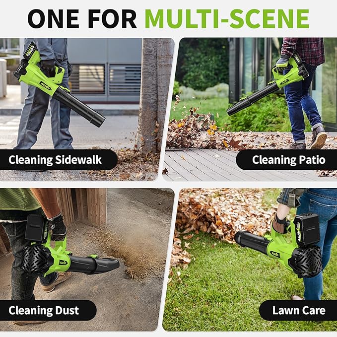 Leaf Blower Cordless 500CFM/150MPH Cordless Leaf Blower with 2 x 4.0Ah Batteries &amp 3 Tubes 6 Speed Modes Electric Leaf Blowers Battery Powered for Cleaning Patio Yard Garage Lawn (Green)