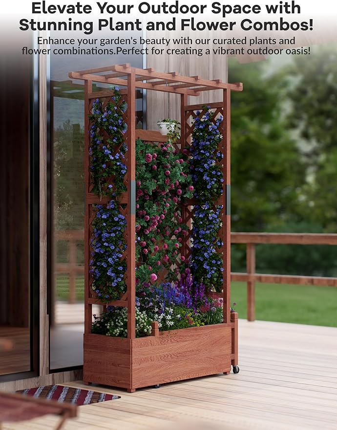 Elevated Wooden Planter Box with Arch &amp Side Trellis – Raised Garden Bed for Climbing Plants Vines Flowers – Hanging Roof 4 Drainage Holes Freestanding – Patio/Deck – Size: