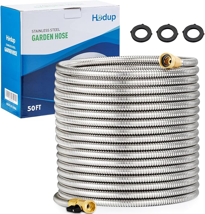 50FT Stainless Steel Metal Garden Hose - Lightweight Kink-Free &amp Tangle-Free Flexible with Brass Fittings On/Off Valve Pet Proof Puncture Proof for Yard RV Car Washing (Silver)