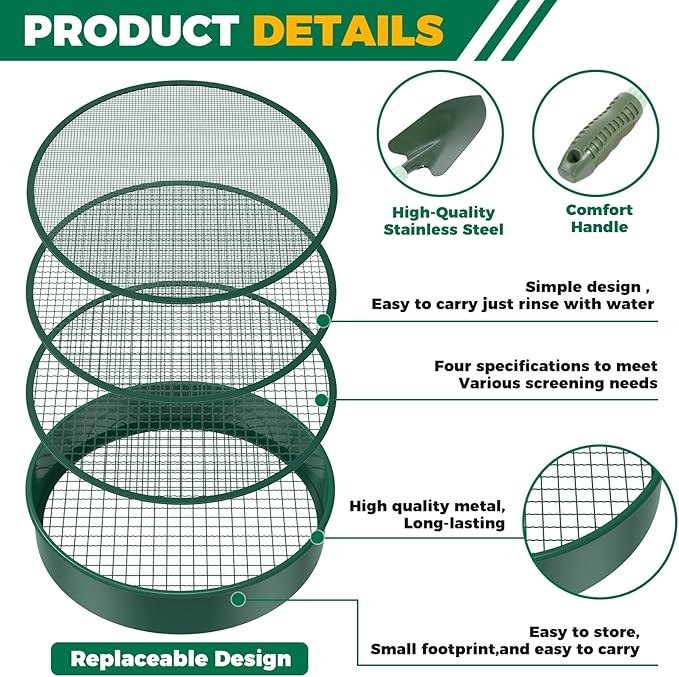 Soil Sifter for Gardening 12 Inch Dirt Garden Sieve Soil Sifter with 4 Replaceable Fine Screens and Shovel and Soil Replacement Pad Rock Sieve Sifter Soil Sieve Sifter Set Sifting Pan