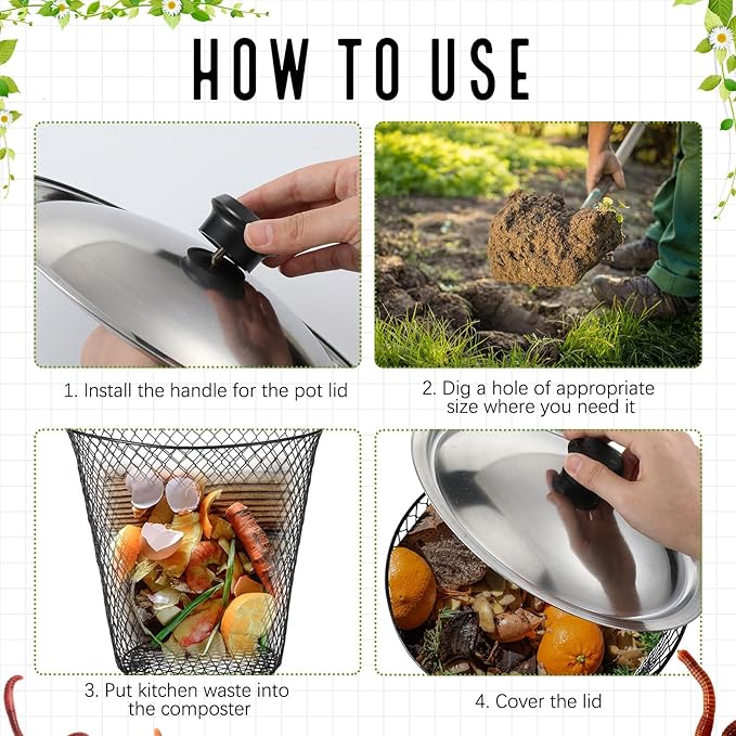 4 Pcs Inground Worm Composter with Lids 9.1 x 9.1 x 5.9 Inch Farm Worm Compost Bin Outdoor for Recycling Kitchen Food Waste to Raised Garden Beds