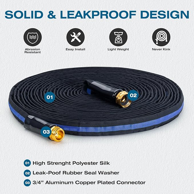 Ultra Lightweight 25FT Garden Hose - Heavy-Duty Kink-Free Flexible Hose Non-Expanding Design with Aluminum Brass Fittings Crush-Proof for Yard/Lawn/Outdoor Use(black-blue 25 FT)