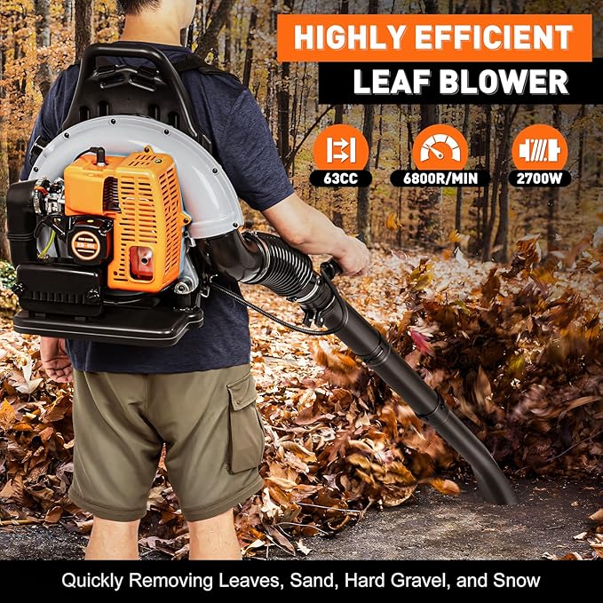 63CC 2-Stroke Leaf Blower Backpack Leaf Blower Powerful Engine Leaf Blowers 6800r/Min 0.47Gal Large Tank 2.7KW Leaf Sweeping Machine for Yard Maintenance (63CC 2-Stroke)