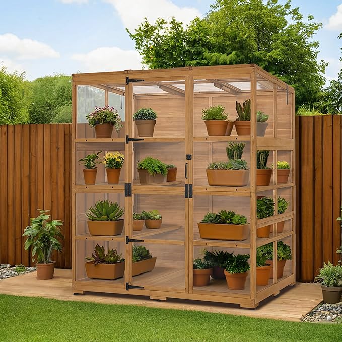 Macrout Wooden Walk-in Greenhouse with Acrylic Panels Large Greenhouse Outdoor with Openable Roof Vents with Lockable Door G976