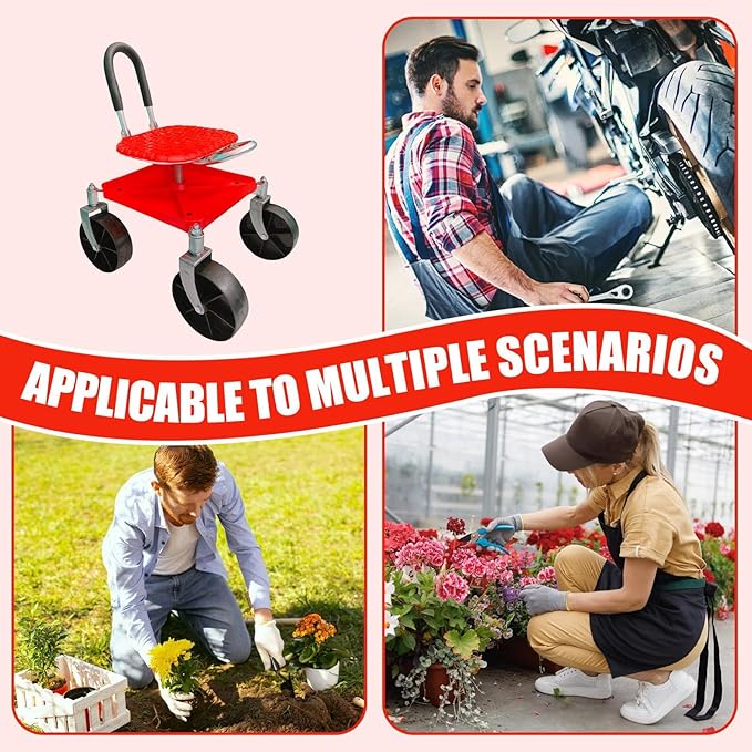 Garden Stool with Wheels Sitting Height Flexibility Galvanized Steel Pipes Rolling Garden Work Seat Swivel Gardening Stool Smooth Caster Wheels for Pruning Plant Transplanting Branch Trimming