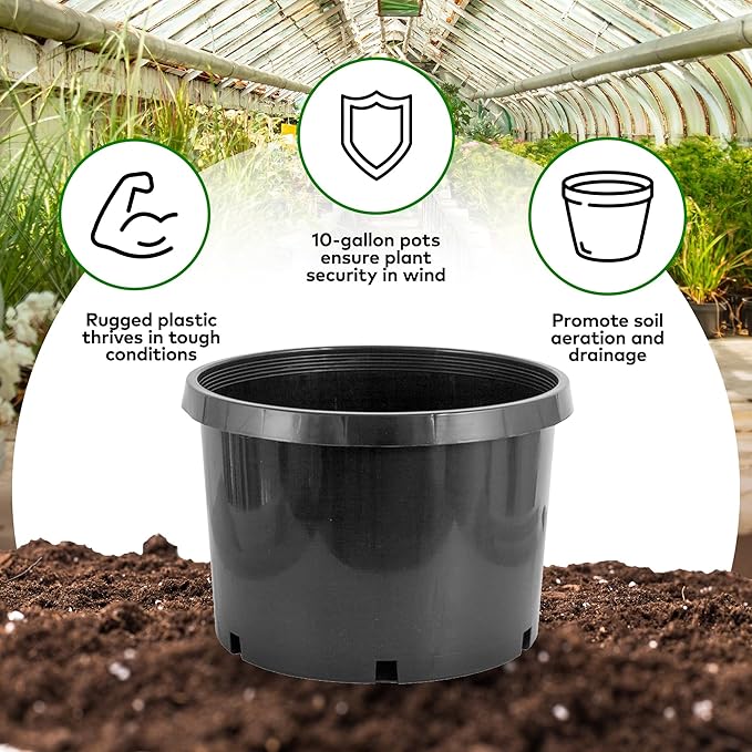 Pro Cal 10 Gallon Premium Nursery Plastic Planter Flower Herb Vegetable Garden Grow Pots with Drainage Holes for Outdoor and Indoor Use Black 5 Pack