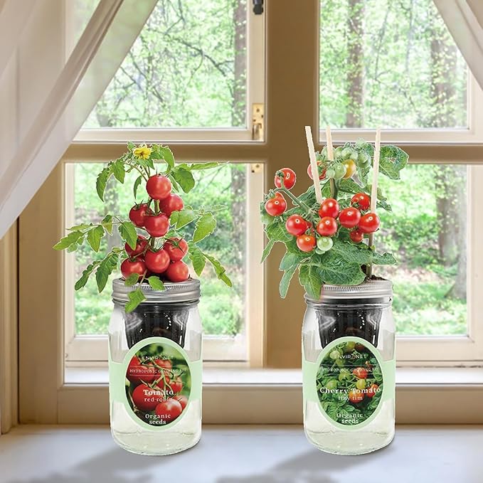 2-Pack Hydroponic Mason Jar Herb Garden Kit Indoor Herb Garden Self-Watering Starter Kit New Christmas Gift for Mom (Cherry TomatoRed Robin Tmato)
