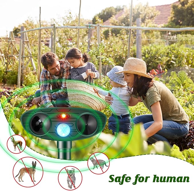 Ultrasonic Animal Repellent Outdoor Solar Powered Repeller Cat Dog Deer Deterrent Waterproof Motion Sensor Deterrent for Yard Garden Rabbit Squirrels Fox Pest(Black Green2 Pieces)