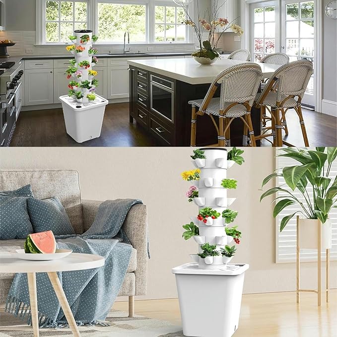 3/4/5/6 Floors - Hydroponics Tower Garden Hydroponic Growing System Plant Hydroponics Tower - W/Hydrating Timer for Herbs Fruits VegetablesWhite-15Hole//1pc