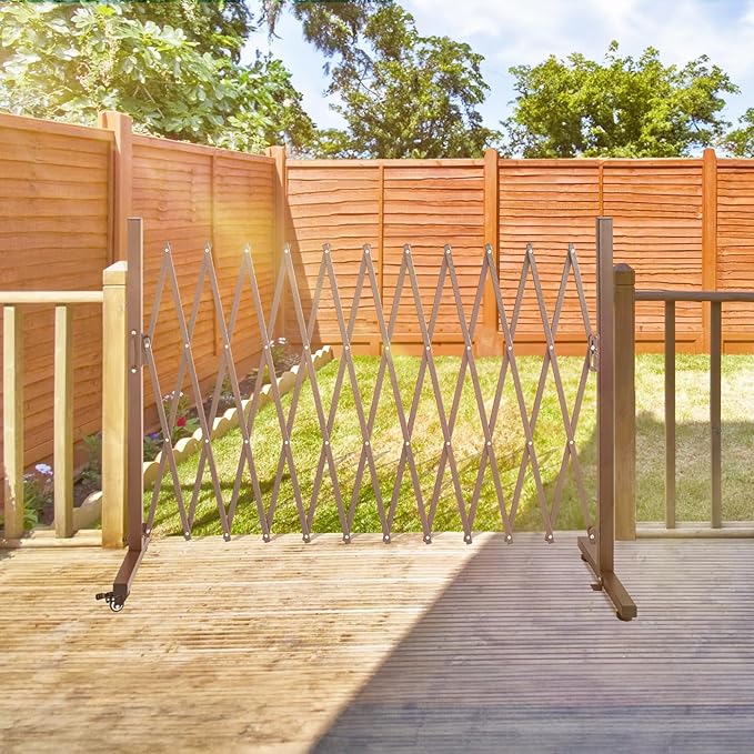 TECSPACE Aluminum Expandable Garden Fence Portable Barricade Gate with Casters Adjustable Retractable Fence Mobile Barricade Safety Barrier (Brown 130×15×41 inch)