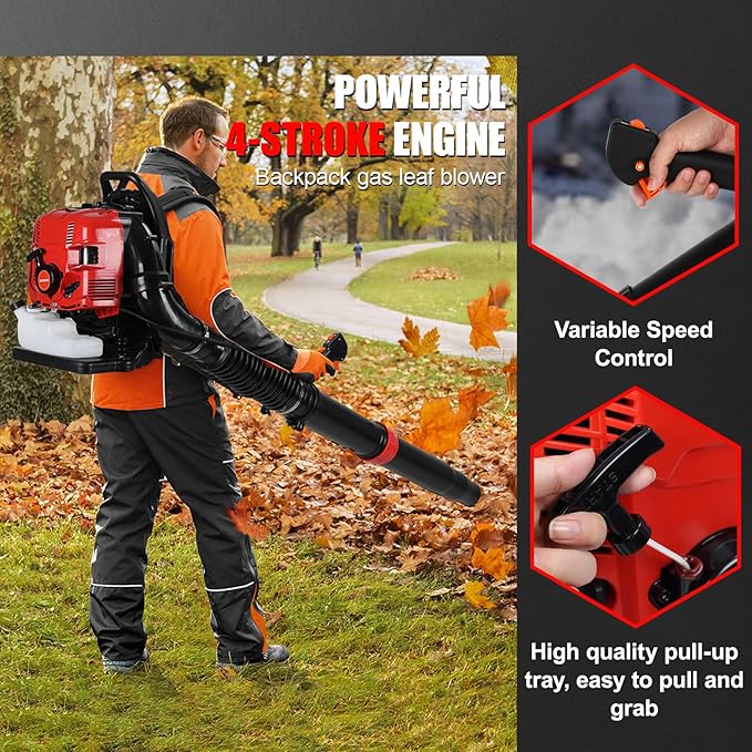 4-Cycle High Power Gas Backpack Leaf Blower5HP - 75.6CC Engine 750CFM Tornado-Like Airflow Adjustable Speed Ergonomic Design for Effortless Leaves Snow and Debris Cleanup