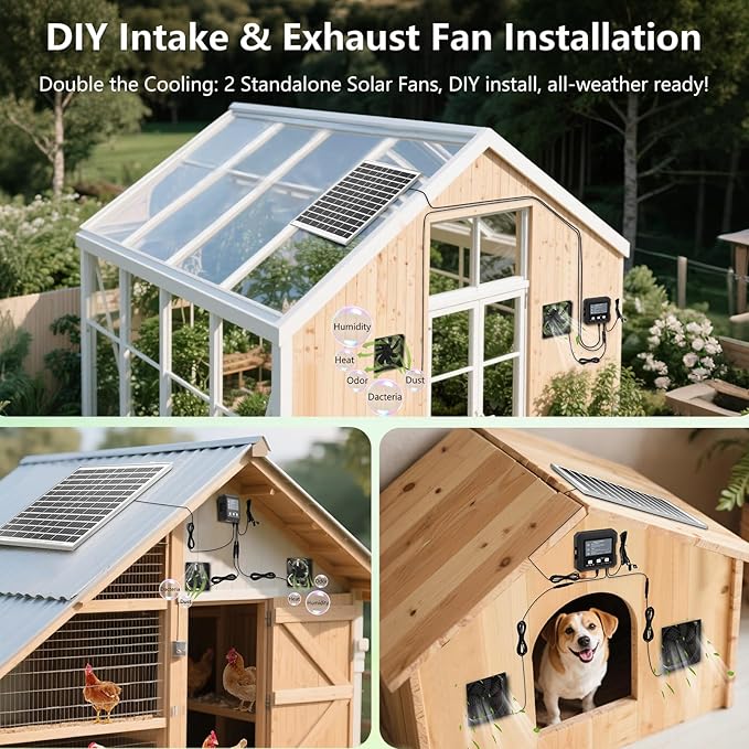 25W Solar Fan for Chicken Coop with Battery Solar Exhaust Fan for Shed &amp Greenhouse 3 Modes Controller (Continuous/Timer/Motion Sensor) Solar Powered Fan for Intake or Exhaust Vent Cooling (Bla
