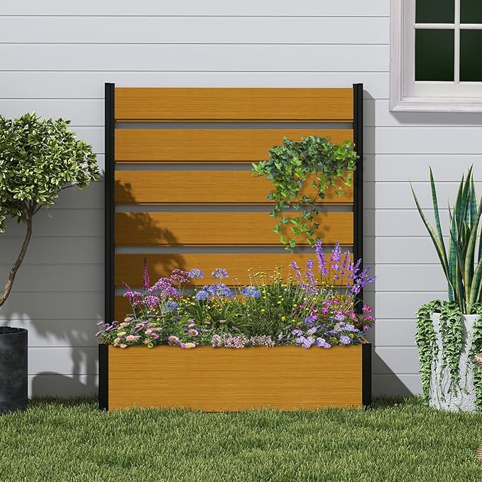Vertical Screen Planter Bed - Raised Garden Box with Trellis for Climbing Plants Durable Privacy Fence Planter for Outdoor Patio Deck Aluminum Frame Yellow Teak with Base