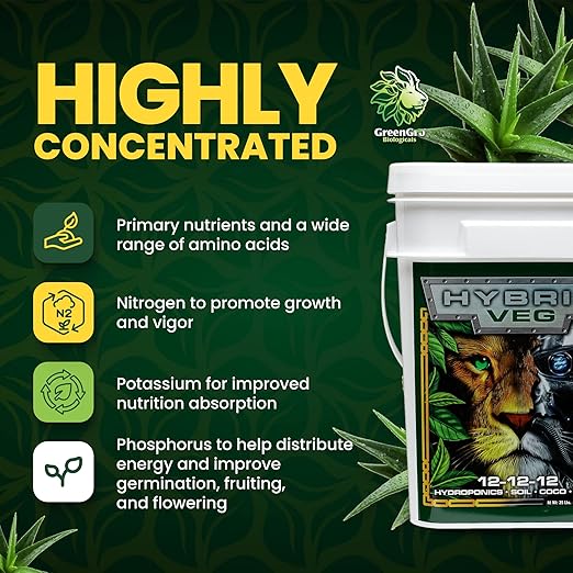 GreenGro Hybrid Veg Water-Soluble Fertilizer for Plants Highly Concentrated Liquid Plant Food for Indoor &amp Outdoor Gardens 12-12-12 6lb