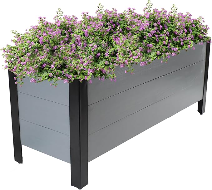 Sunnydaze Acacia Wood Rectangular Planter Box - 14.75 H Wooden Raised Garden Bed with Removable Polyethylene Planter Bag - Gray