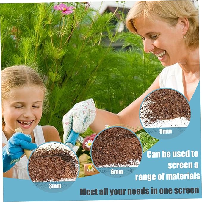 Garden Sieve Soil Sifter Removable Garden Sieve with Interchangeable 3/6/9mm Mesh Stainless Steel Soil Sieve 9.4 Dia. Sand Sifter for Sifting Soil Stones Compost.