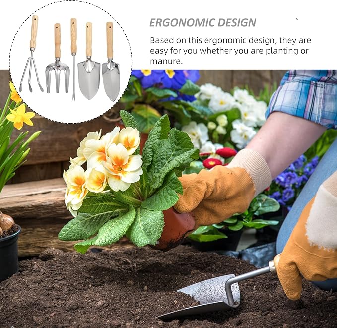 5pcs Garden Tool Set with Stainless Steel Handheld Spade Rake and Cultivator Wooden Handle Soil Loosening Tools for Outdoor Planting and Weeding Portable Gardening Kit for Home