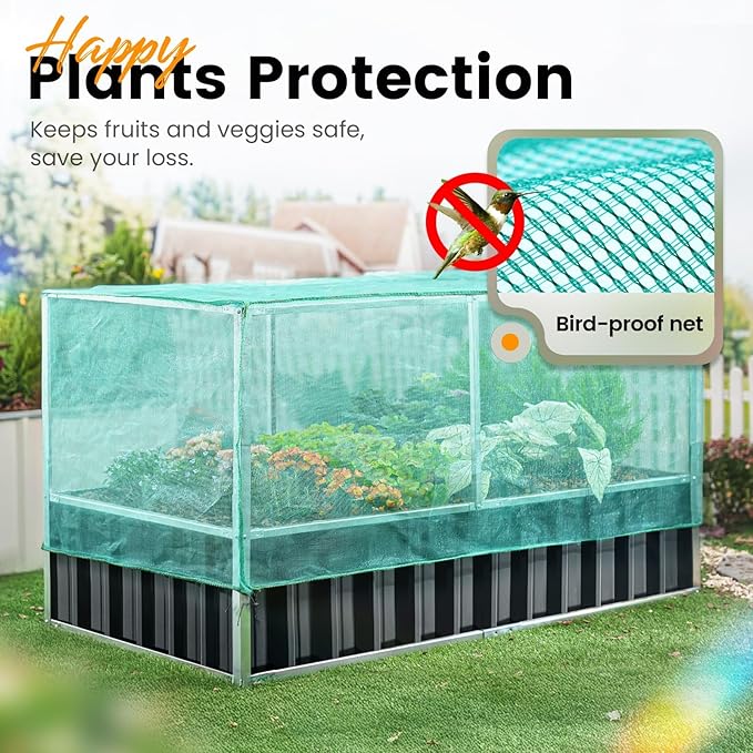 KING BIRD Raised Garden Bed with Garden Anti-Bird Protection Netting Structure Galvanized Steel Metal Planter Kit Box with 2 Pairs of Gloves Dark Grey 68 x 36 x 34.6