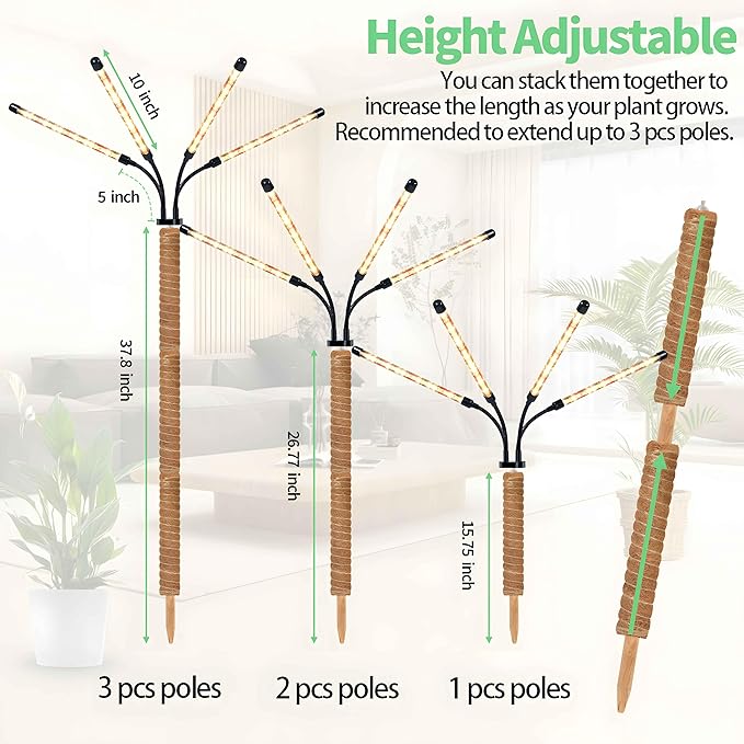 Grow Lights with Moss Pole for Indoor Plants Full Spectrum LED Plant Light with Auto 3/9/12H Timer Adjustable Height 15-54 Plant Lights Coco Coir Pole for Monstera Philodendron Climbing Plants