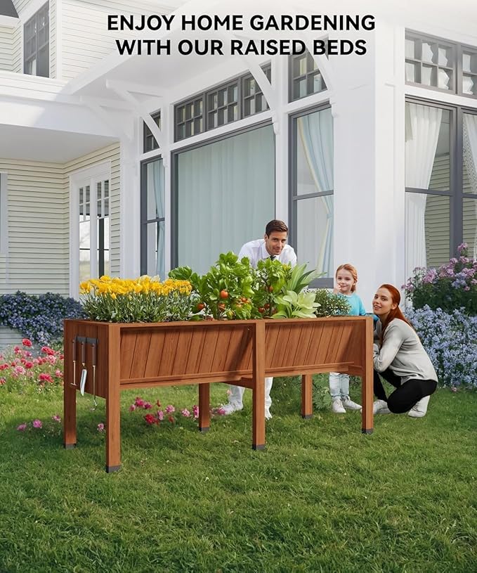 Elevated Wood Planter Box with Leg &amp HOOKS - 72x26x30 Inch Raised Garden Bed Includes Non-Woven Liner 13.7in Depth for Vegetables &amp Herbs Outdoor Patio Raised Planter. (6x2x2.5 Ft) Brown