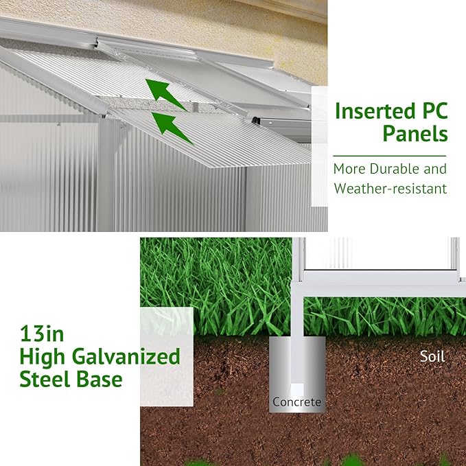 6x2ft Lean-to Polycarbonate Greenhouse Small Walk-in Greenhouse with Adjustable Roof Vent Rain Gutter and Sliding Door Outdoor Green House for Terrace Backyard Sliver