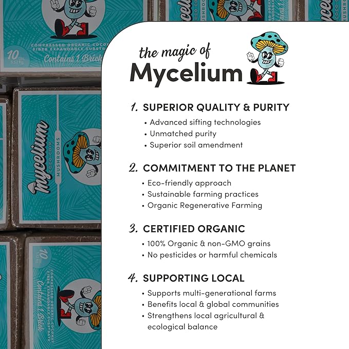 Mycelium Coco Coir Brick Mushroom Growing Kit I Expandable Organic Coconut Fiber Substrate I Indoor Mushroom Cultivation for Starter &amp Pro Home Growers I OMRI Certified &amp Non-GMO 10lbs