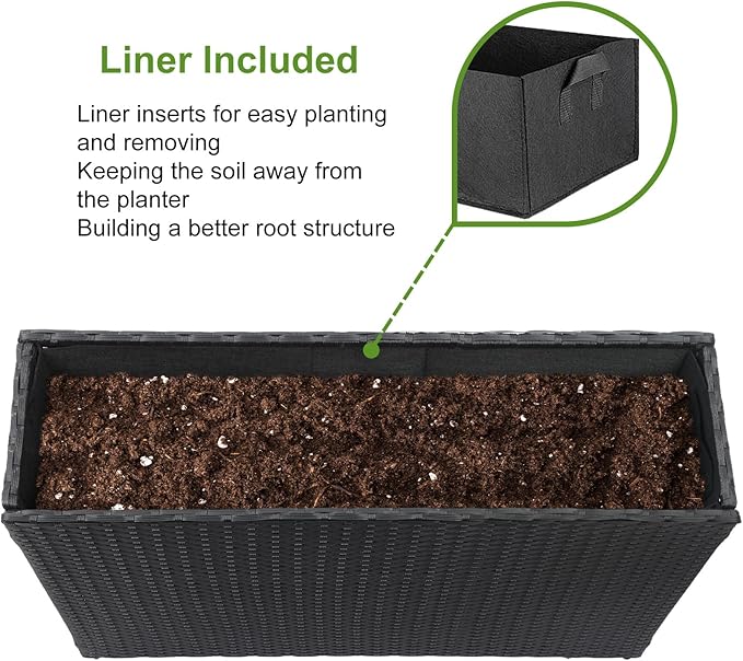 LEWIS&ampWAYNE Large Rectangular Block Planter Box Handmade Wicker Tall Planters for Outdoor Plants with Removable Liners Modern Planter for Indoor Outdoor Patio Deck - Black 38''x11''x30''