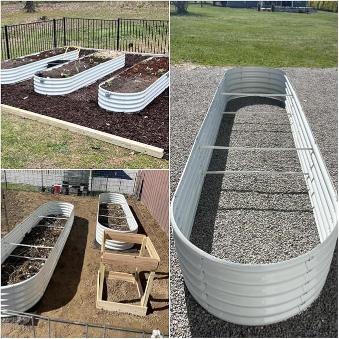 A ANLEOLIFE 12X3X1.5 ft Galvanized Raised Garden Beds Outdoor Oval Extra Large Metal Planter Box for Planting Vegetables Flowers Herb Anti-Rust &amp Easy-Setup Antique White