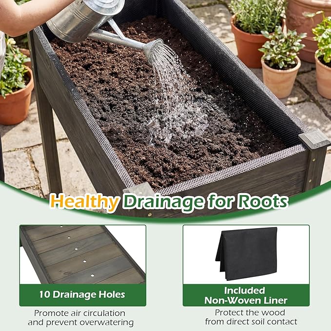 Giantex Wooden Raised Garden Bed Solid Pine Wood Planter Box w/Legs Drainage Holes Black Liner Outdoor Indoor Elevated Planter Box Stand for Patio Garden Lawn Greenhouse 47 x 23 x 30