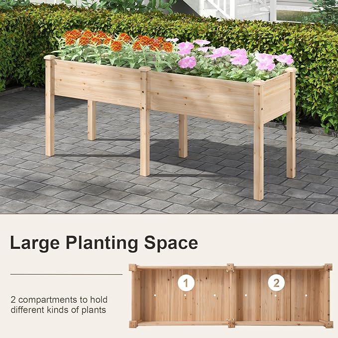 HAPPYGRILL Raised Garden Bed Outdoor Planter Raised Bed w/Drainage Holes Divider Panel 6 Supporting Legs Elevated Wood Planter Box for Backyard Patio Balcony 73” x 23” x 30” (Natural)