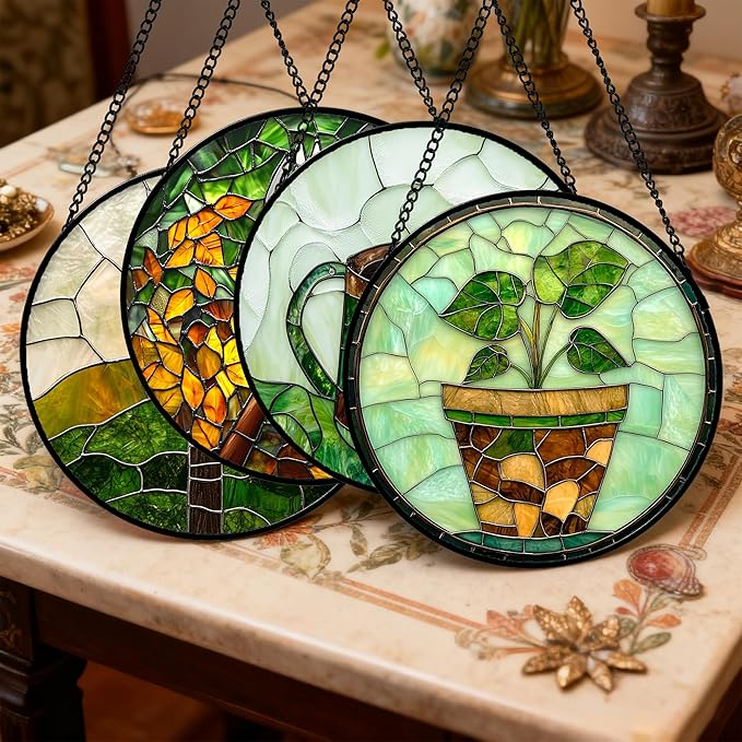 Stained Glass Window Hanging 4 Pcs Set Gardening Tools Large 11.8 - Suncatcher Door Garden Sun Catcher Decor Birthday Mother's Day for Gardener Men Woman Nana Mam Friend