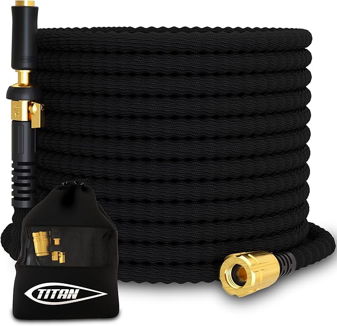 TITAN Flexible Garden Hose 50FT – Ultra Lightweight Heavy Duty Water Hose with Brass Fittings &amp Jet Nozzle – Kink-Free Non-Expanding Durable Fabric Hose for Yard Lawn Car Wash Outdoor Use